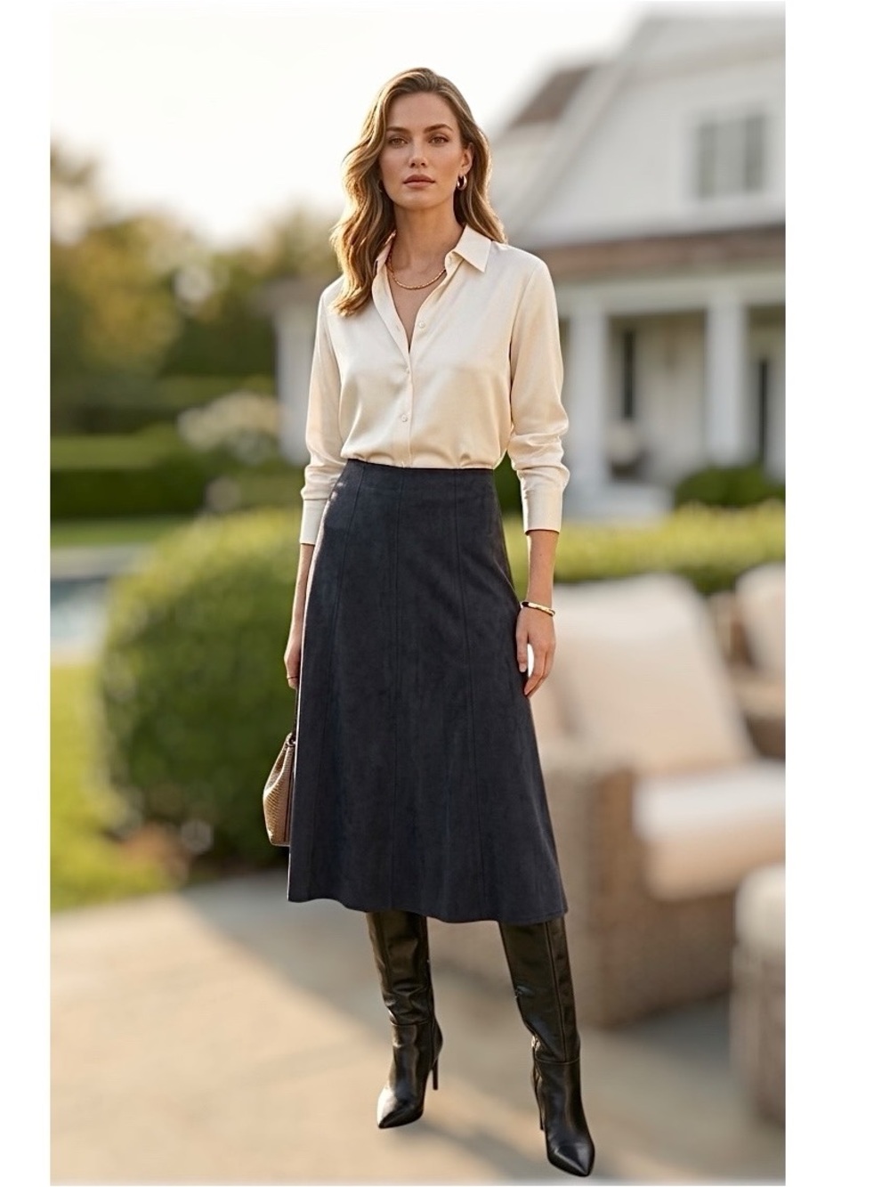 New Zara Faux Suede A-line Midi Skirt, Black Size XS